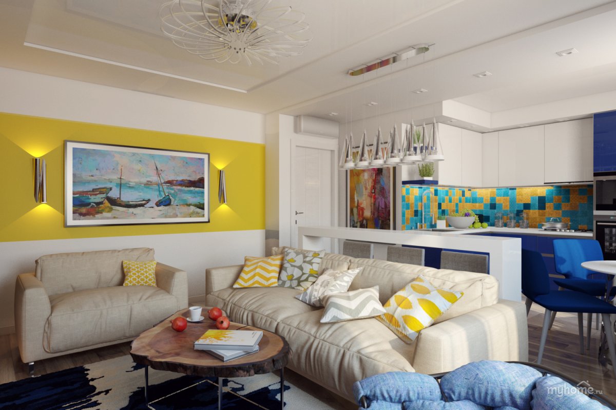 Кухня-гостиная сине желтого цвета