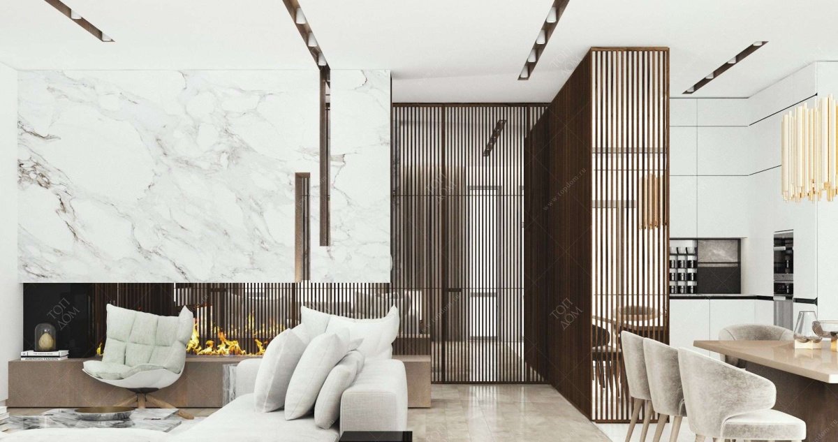 Гостиная мрамор и дерево