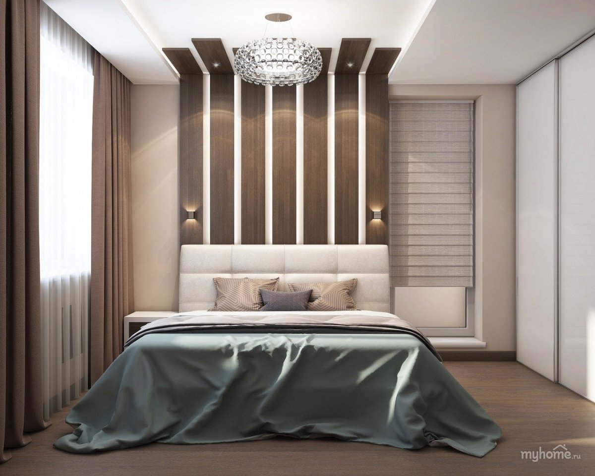 Спальня с рейками в изголовье