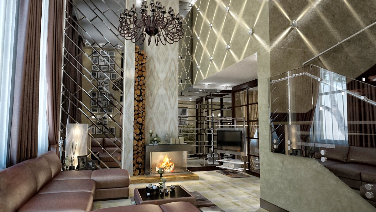 Зеркальное панно и камин