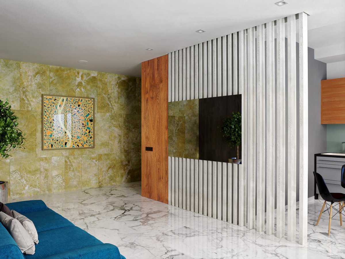 Деревянные рейки на стене с телевизором