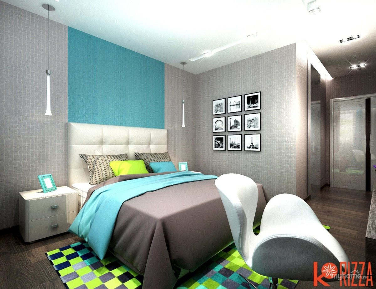 Спальня в серых тонах с яркими акцентами