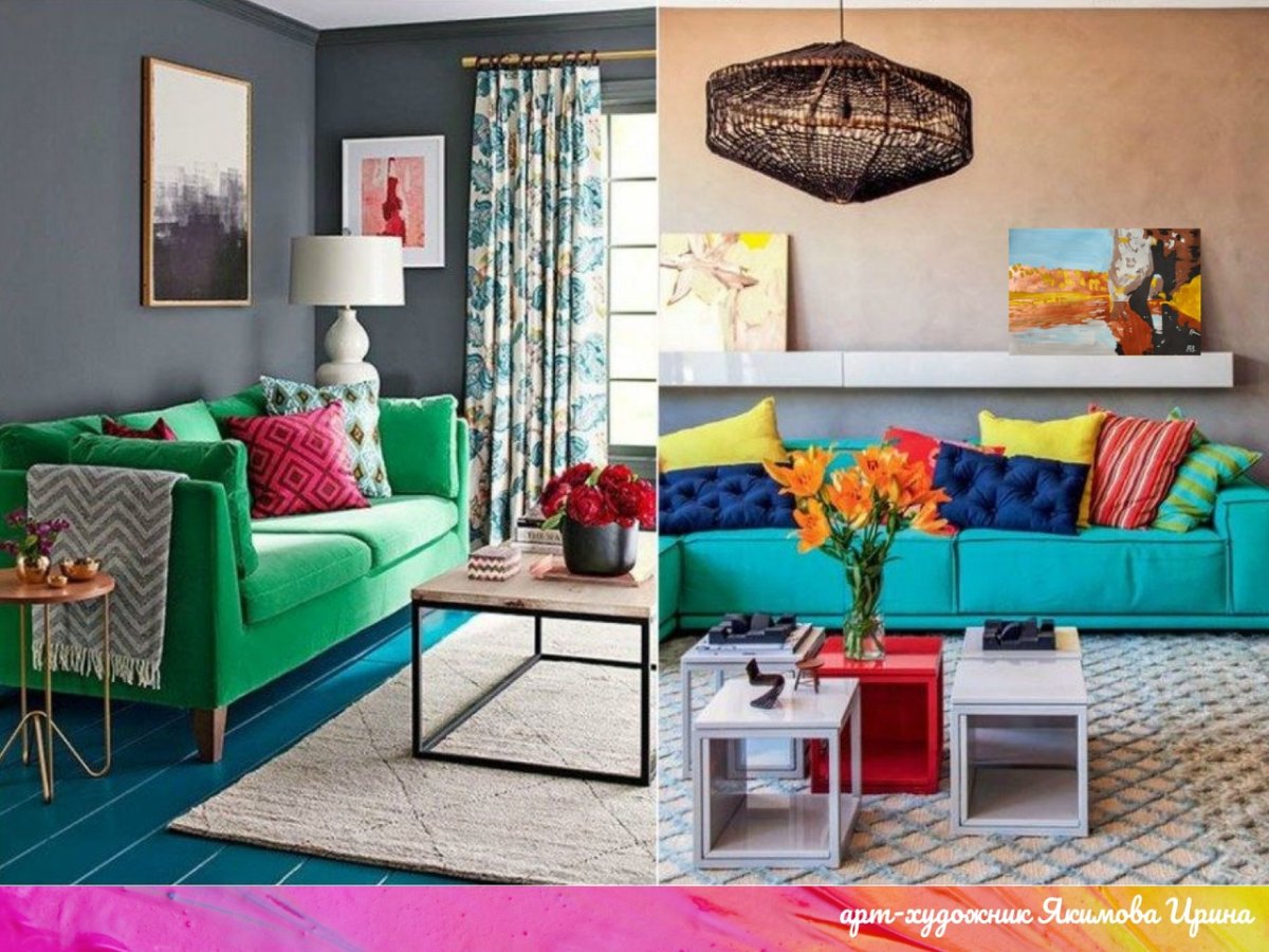 Интерьер в сером цвете с яркими акцентами