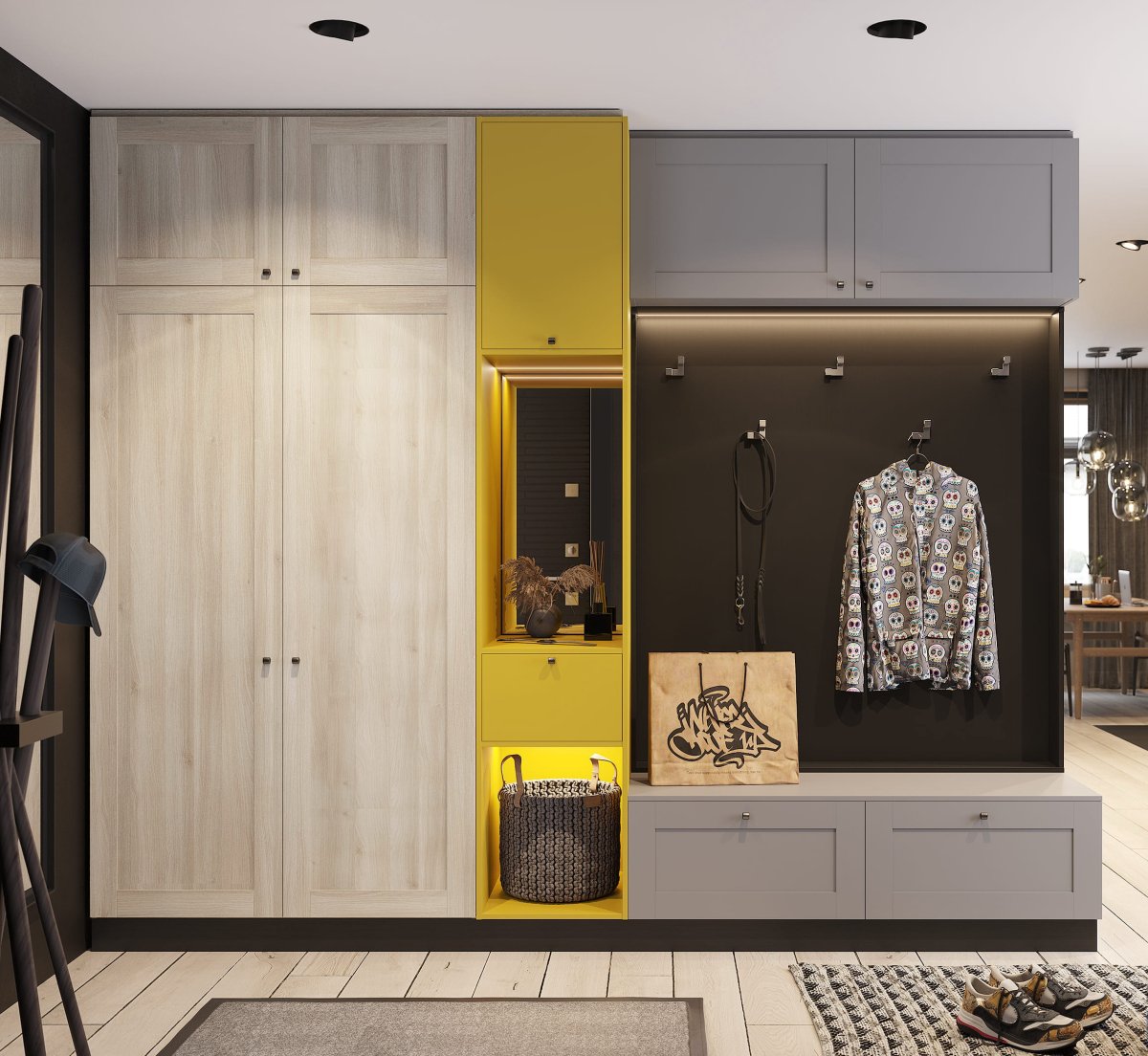 Белый шкаф с открытой вешалкой и зеркалом в прихожую