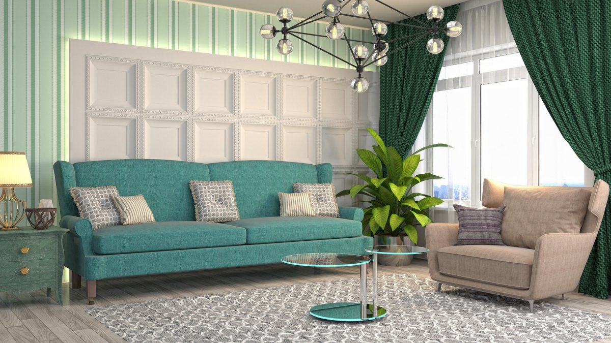 Зеленая мебель в интерьере гостиной