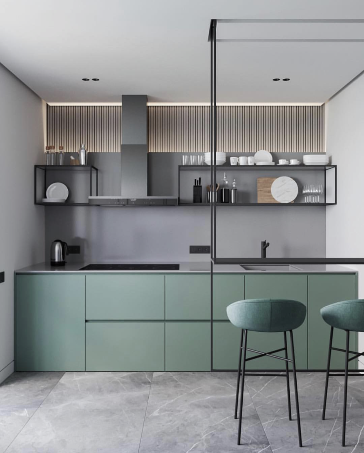 Интерьер для кухни 10м2 в зеленых тонах