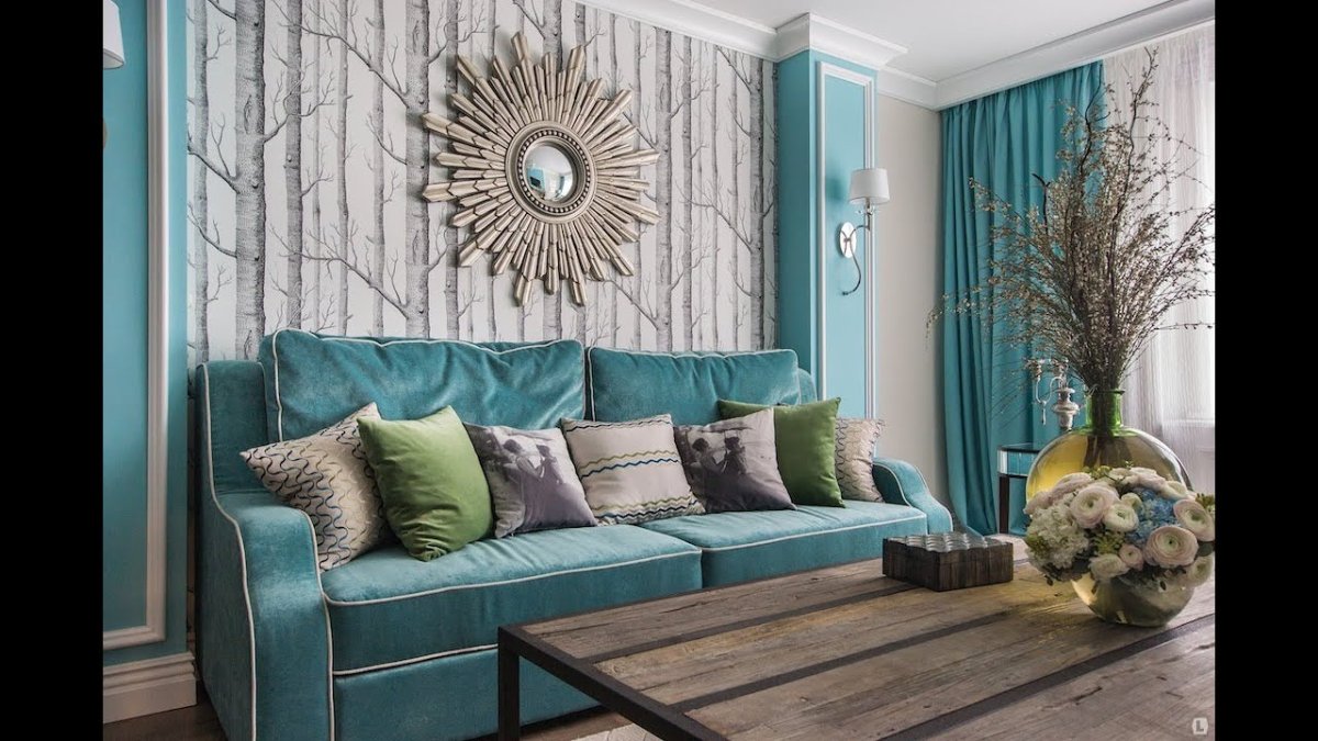 Интерьер гостиной в бежево-голубых тонах