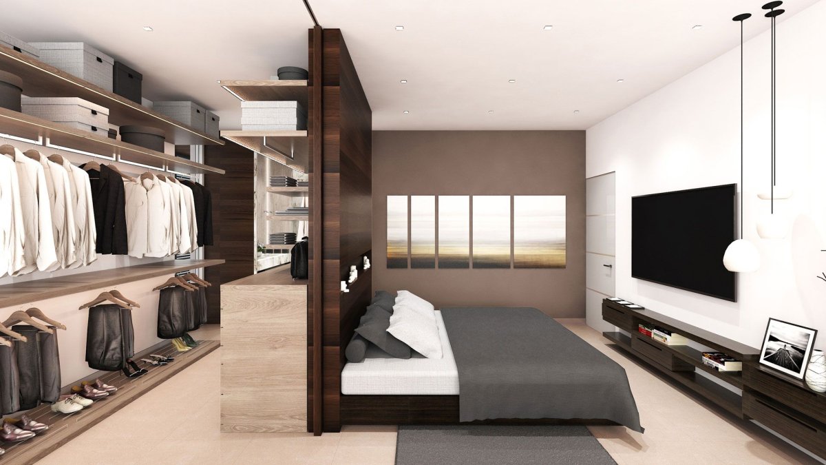 Гардеробная за изголовьем кровати планировка