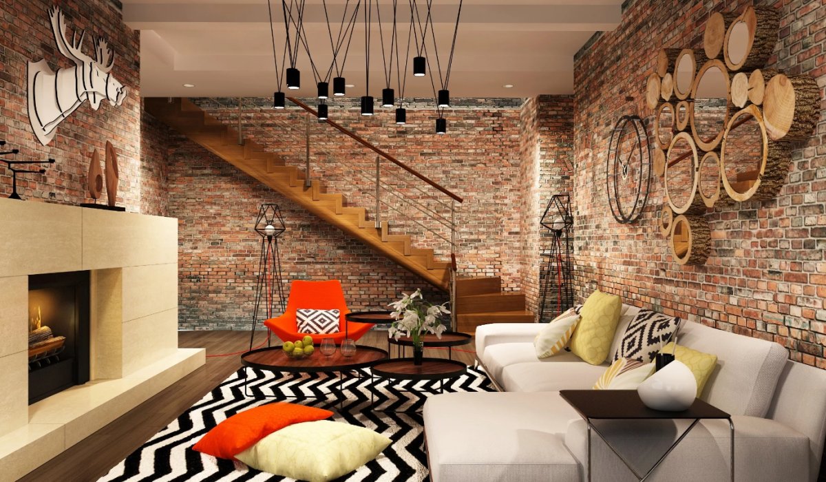 Спальня в стиле лофт красный кирпич