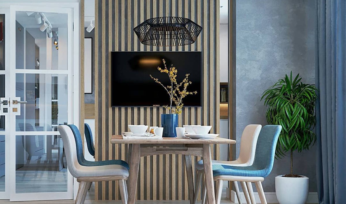 Деревянные рейки в обеденной зоне