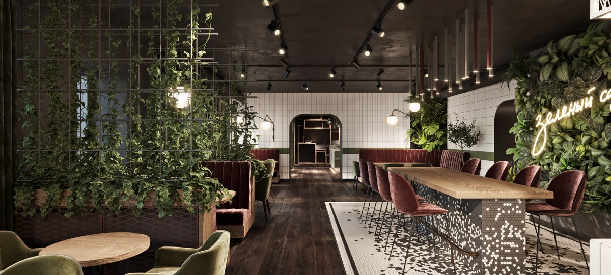 Живое дерево в интерьере кафе