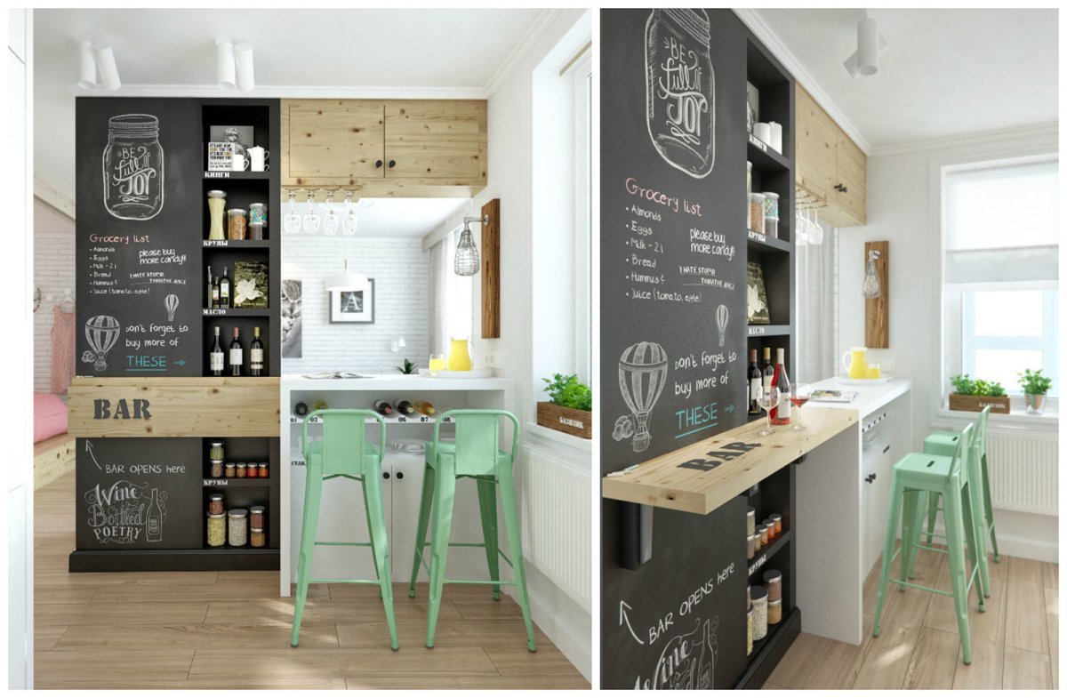 Кухня в скандинавском стиле с грифельной доской