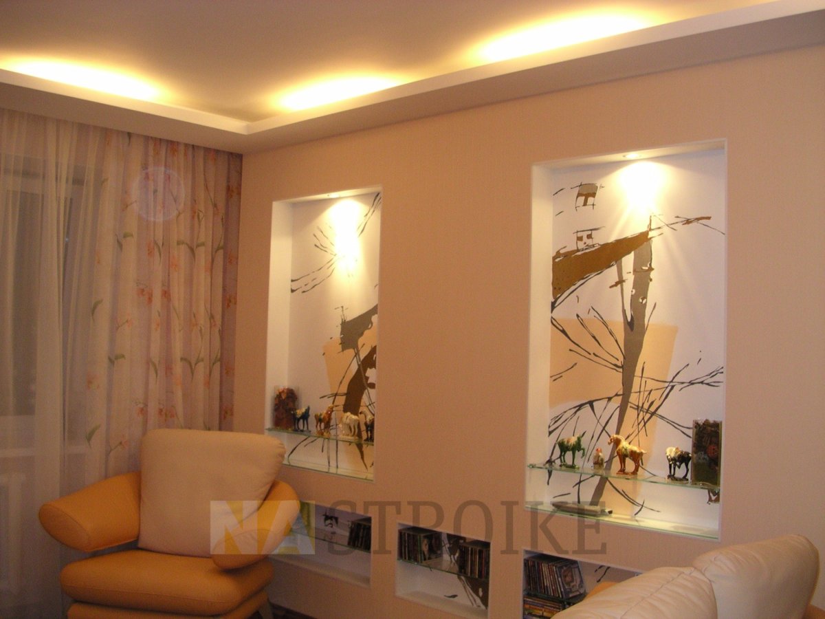 Обои в нишах из гипсокартона