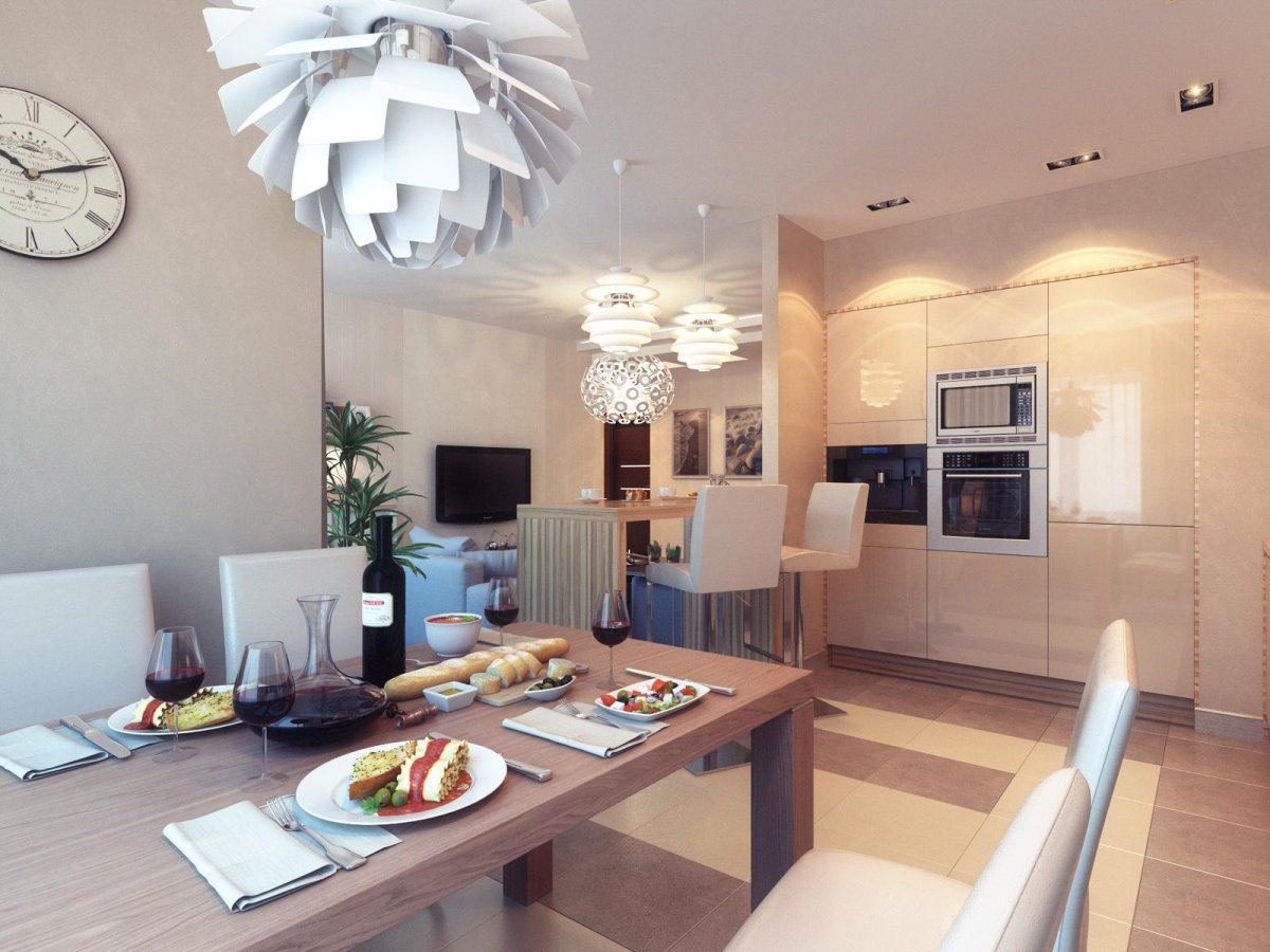 Люстра в студии с кухней