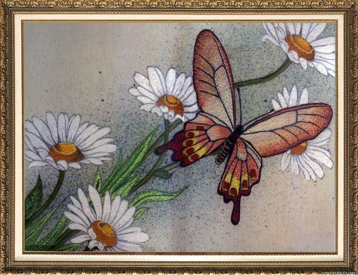 Вышивка бабочка шелком