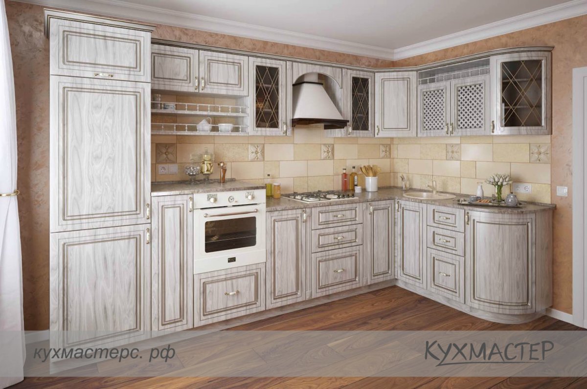 Кухня угловая белая классика с телевизором