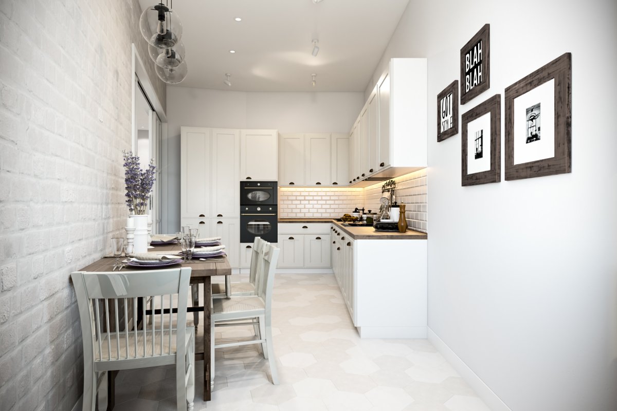 Фотообои на белой кухне