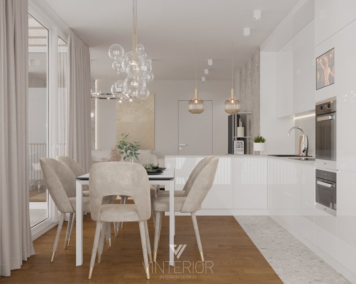 Высокая светлая кухня-гостиная в торце