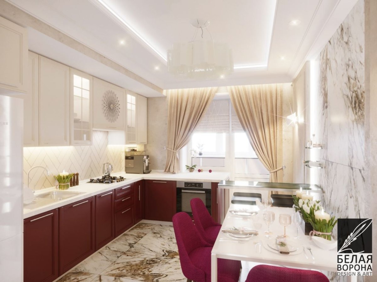 Кухня в светлых тонах с яркими акцентами 2021 года