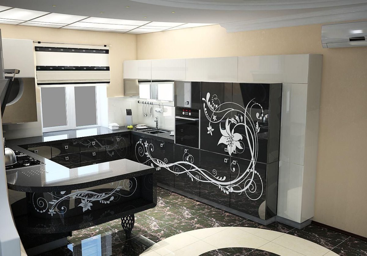 Черно белая кухня с барной стойкой