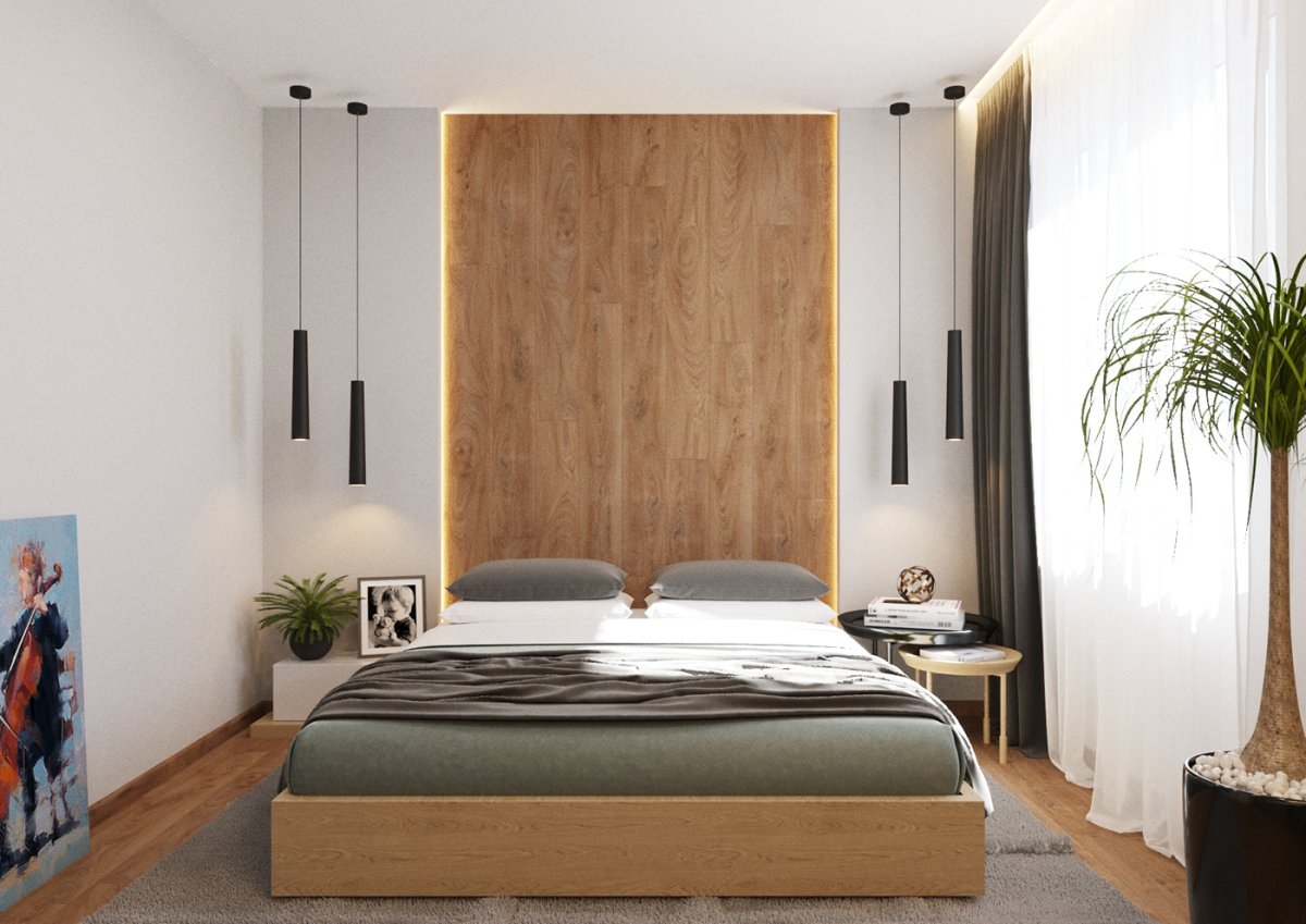 Деревянные панели в спальне над кроватью
