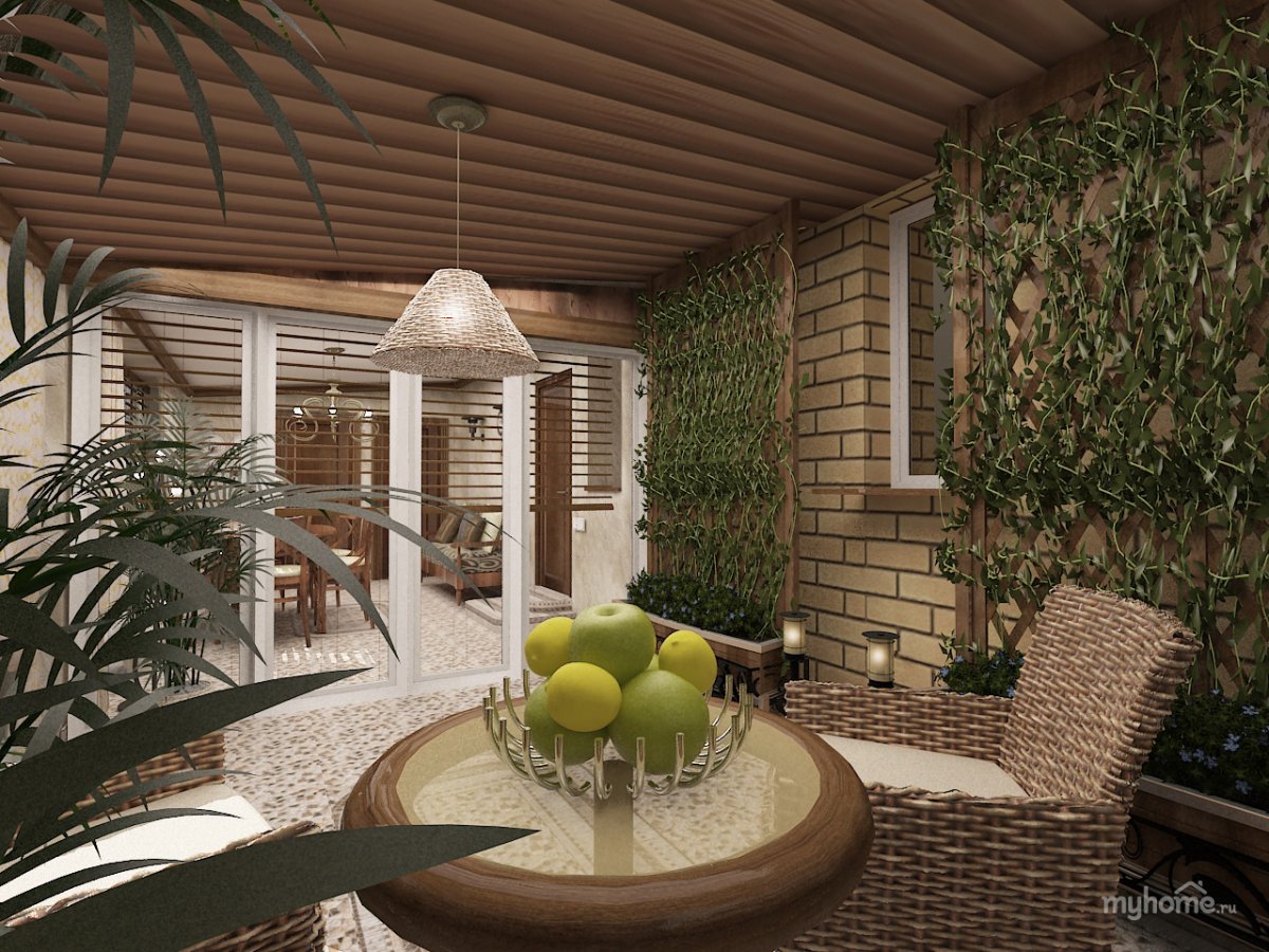 Закрытая терраса в частном доме зелено коричневая