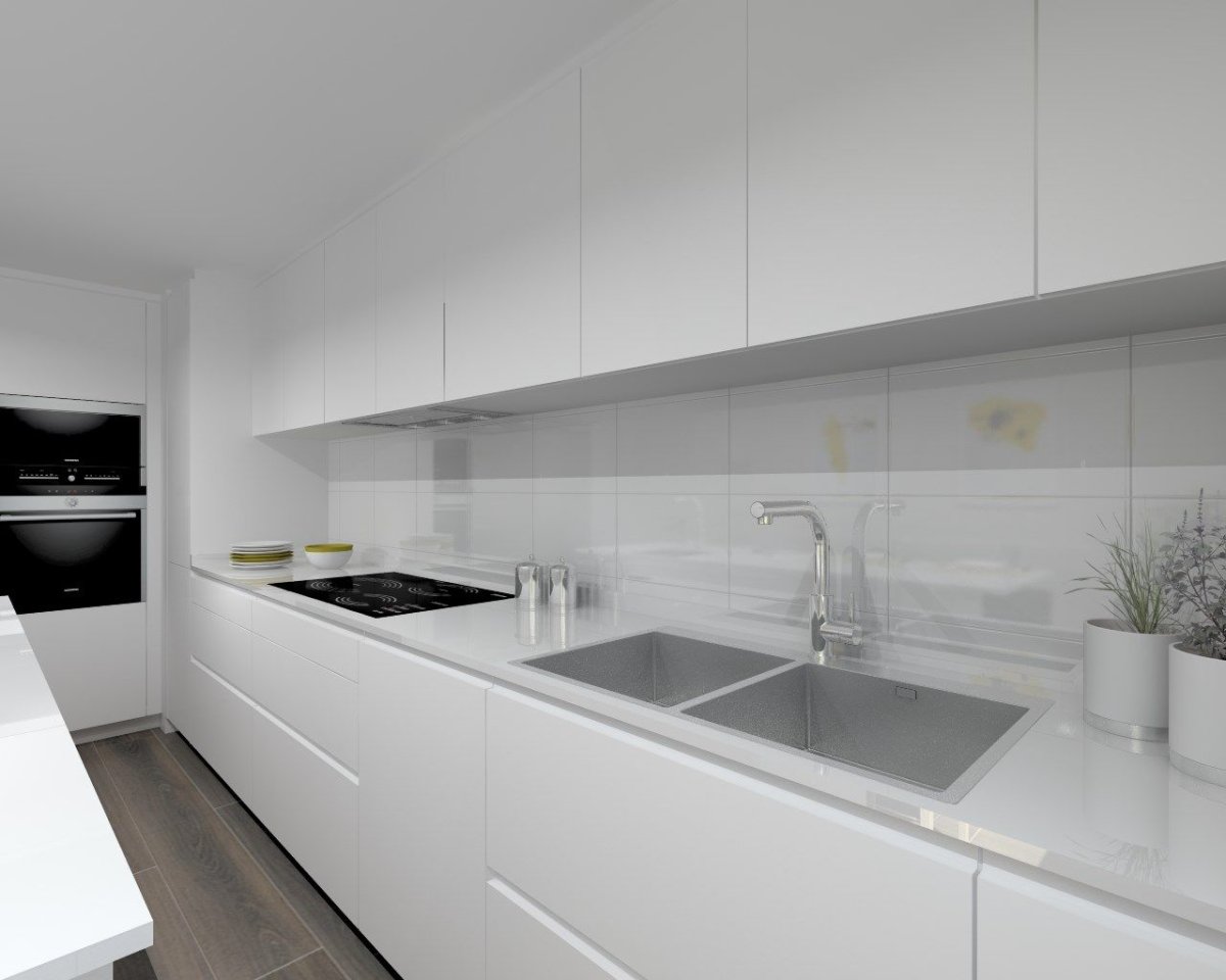 Белая глянцевая кухня с белой столешницей