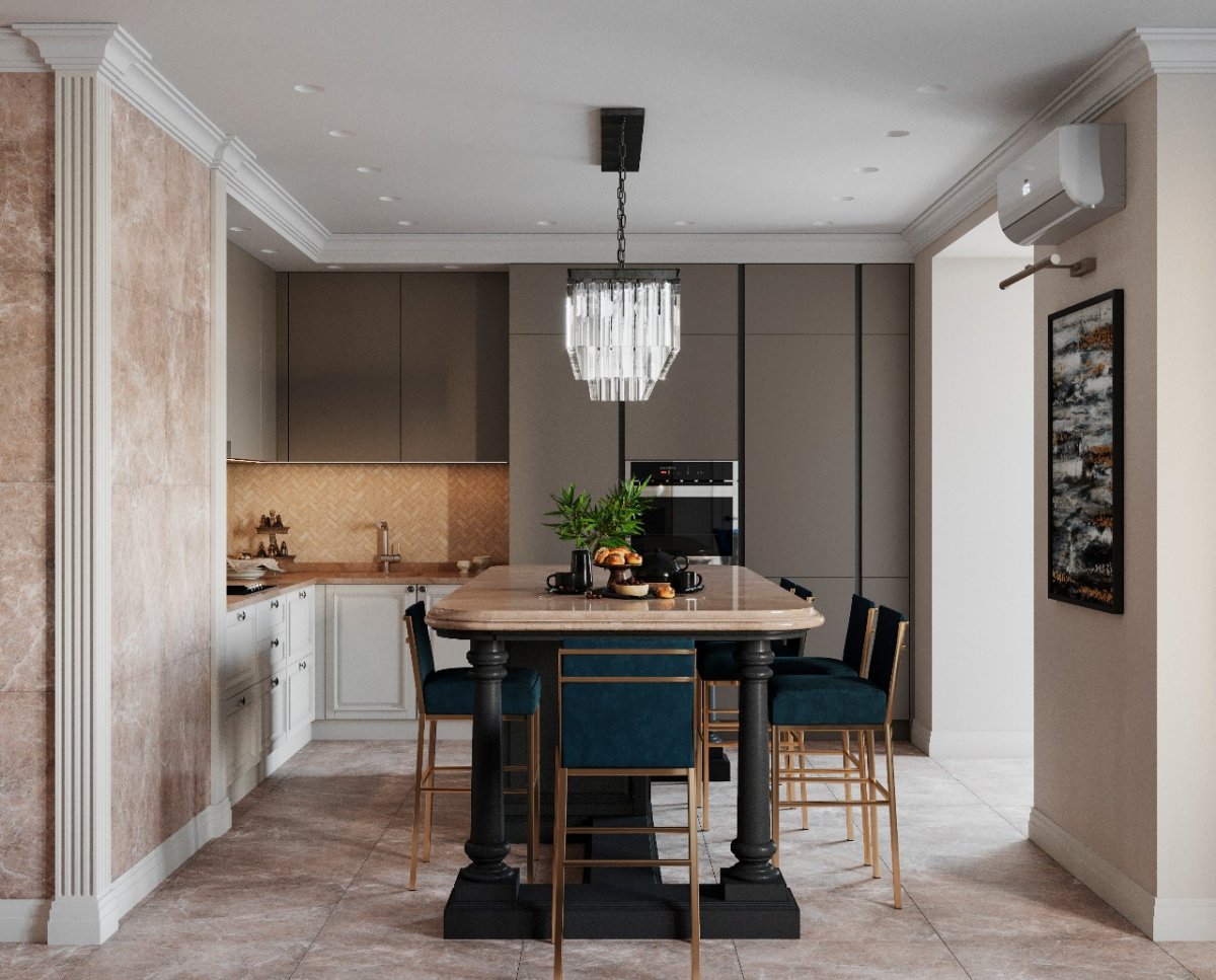 Кухня серый мрамор и дерево