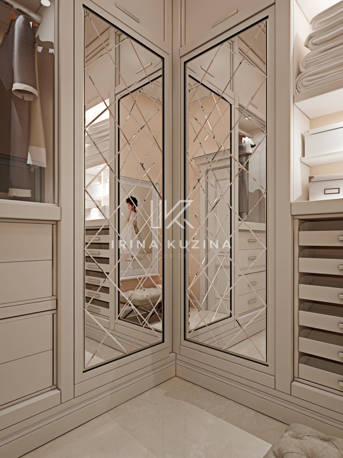 Гардеробная с распашными зеркальными дверями
