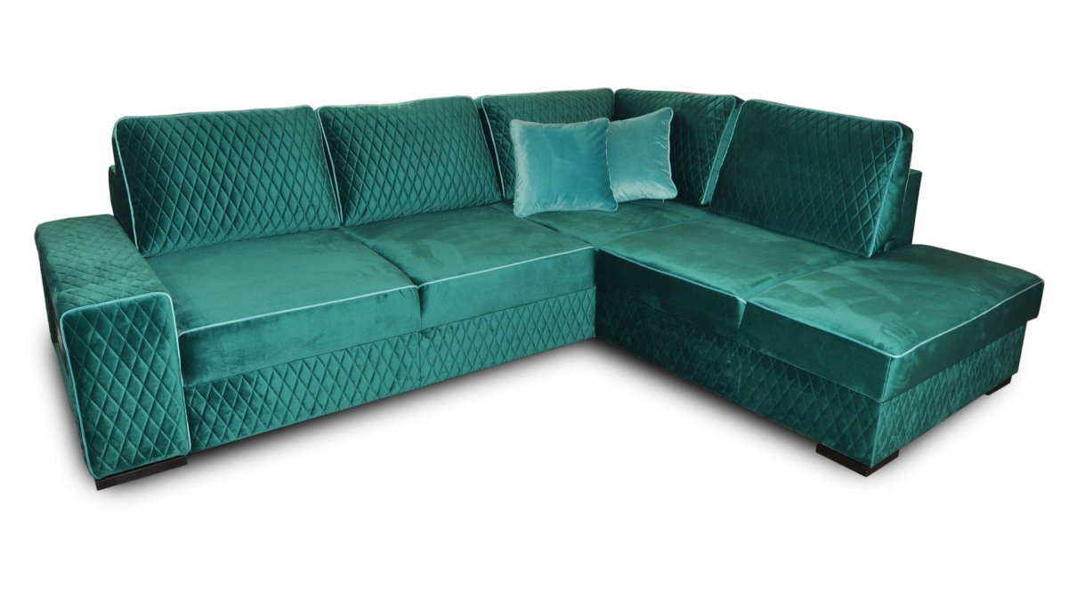Угловой бархатный диван изумрудного цвета