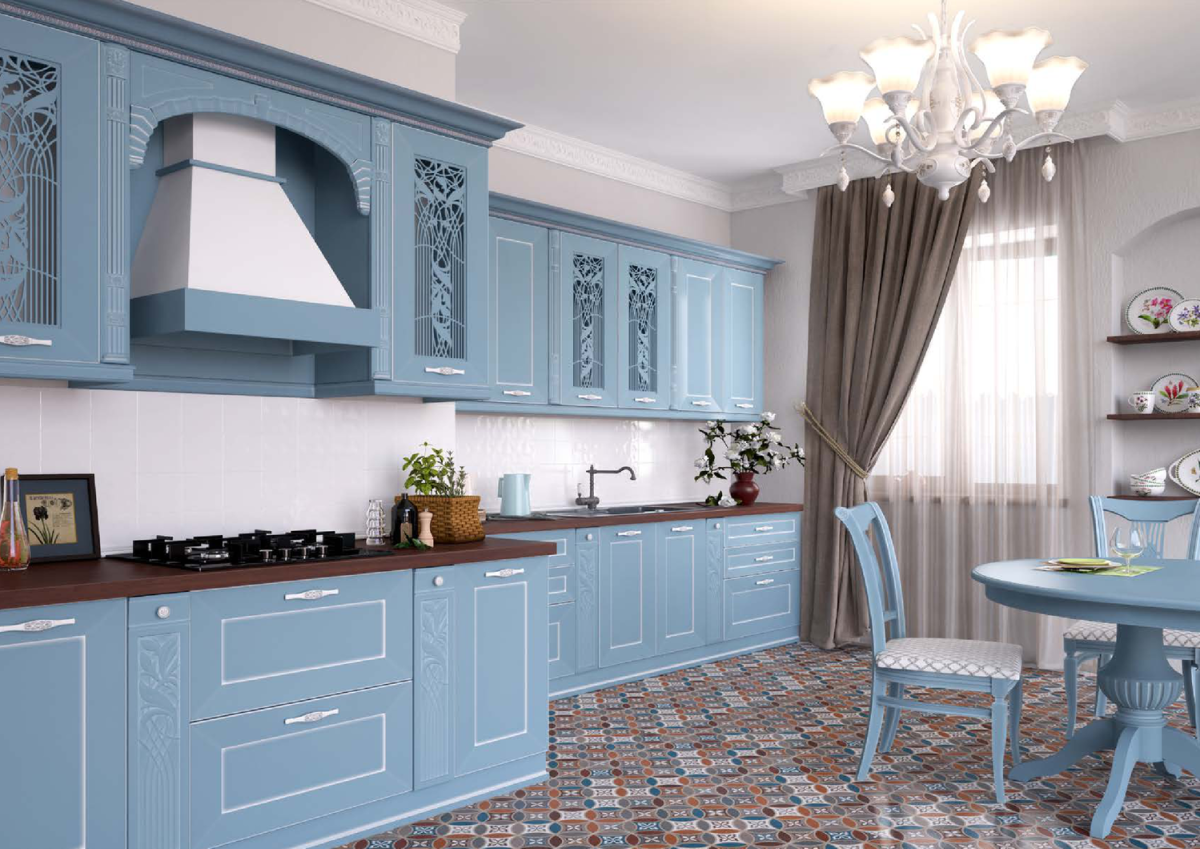 Кухня Роял Вуд голубая патина золото
