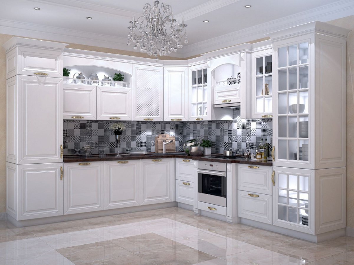 Белая кухня классика угловая с медовой столешницей