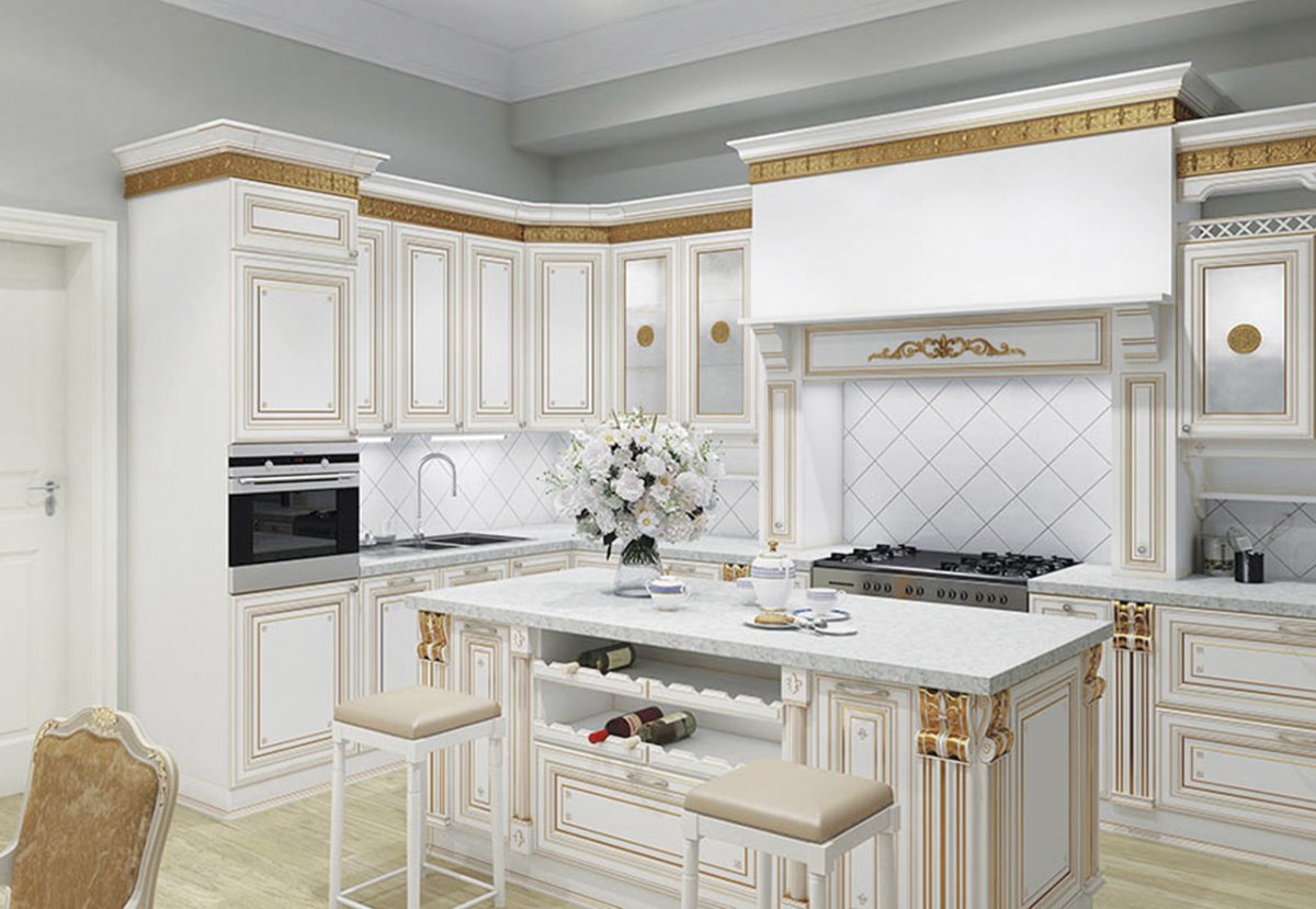 Светлая кухня на заднем плане