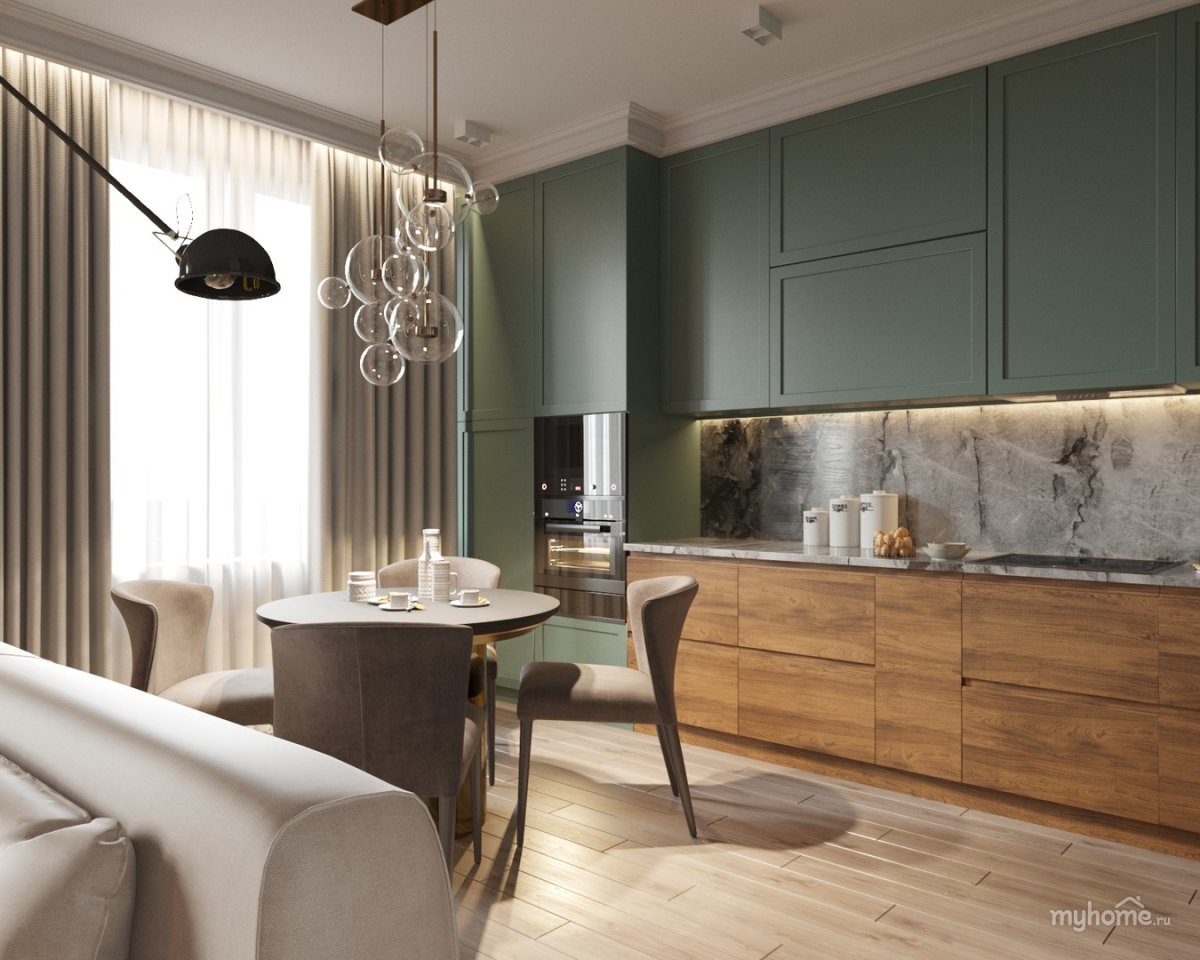 Белая кухня с черным фартуком