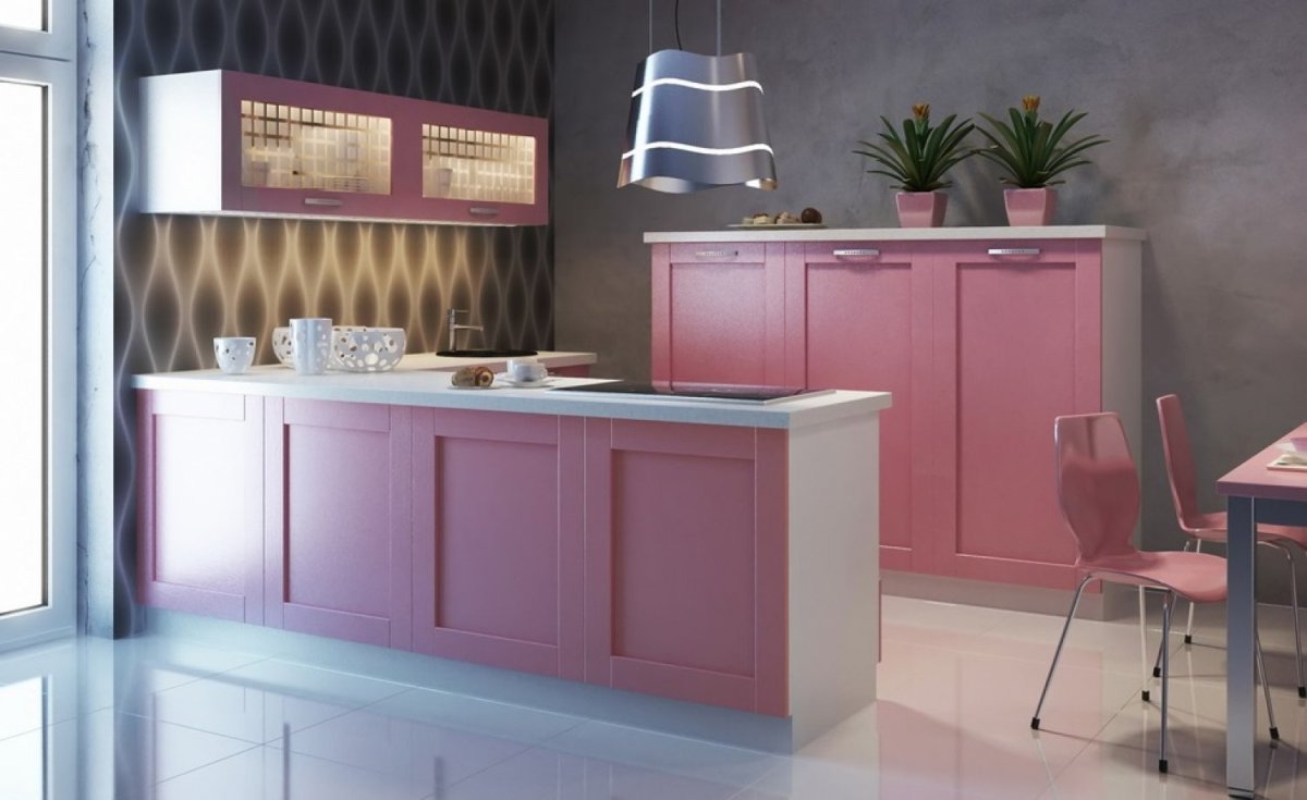 Серо-синяя кухня с деревянной столешницей