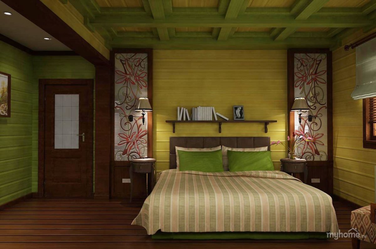 Отделка спальни имитацией бруса