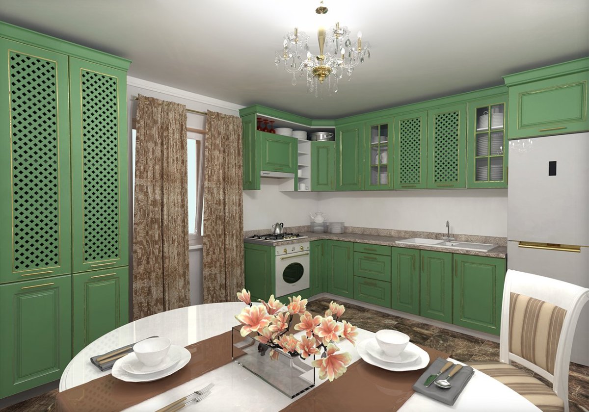 Угловая кухня изумрудного цвета
