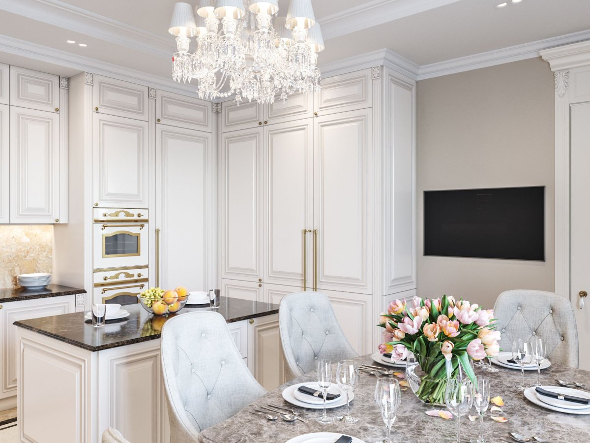 Кухня в стиле Барокко в бело золотом стиле