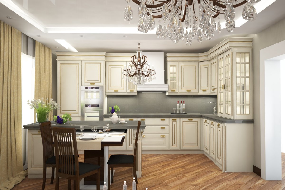 Кухня гостиная в классическом стиле в светлых тонах
