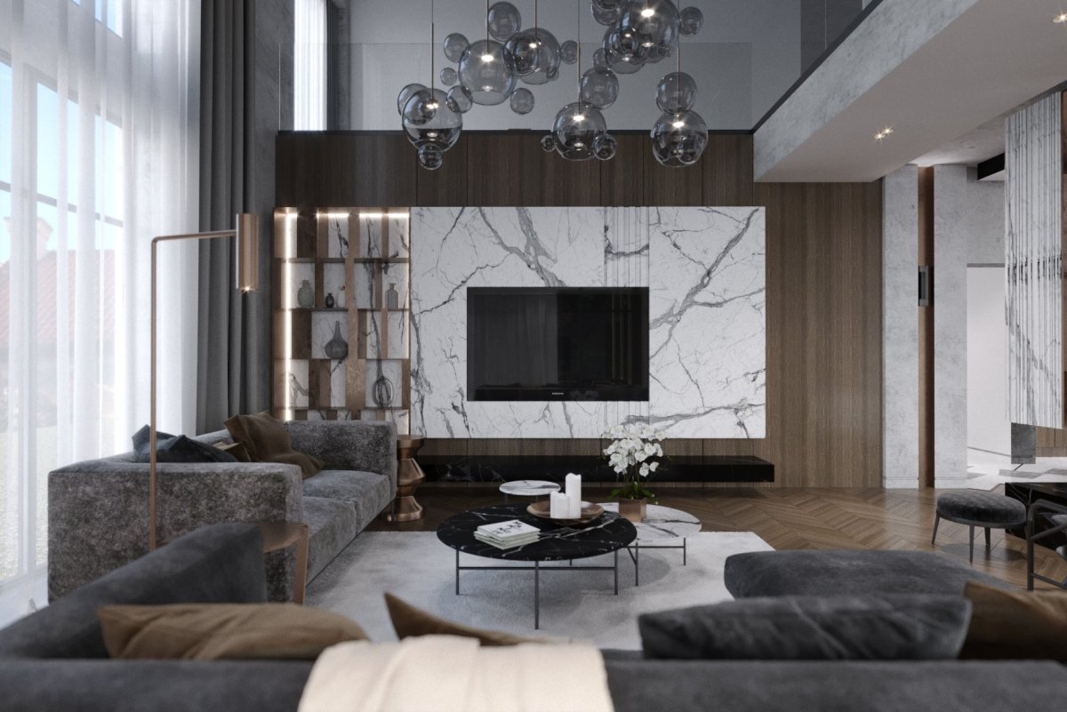 Мрамор в гостиной в стиле