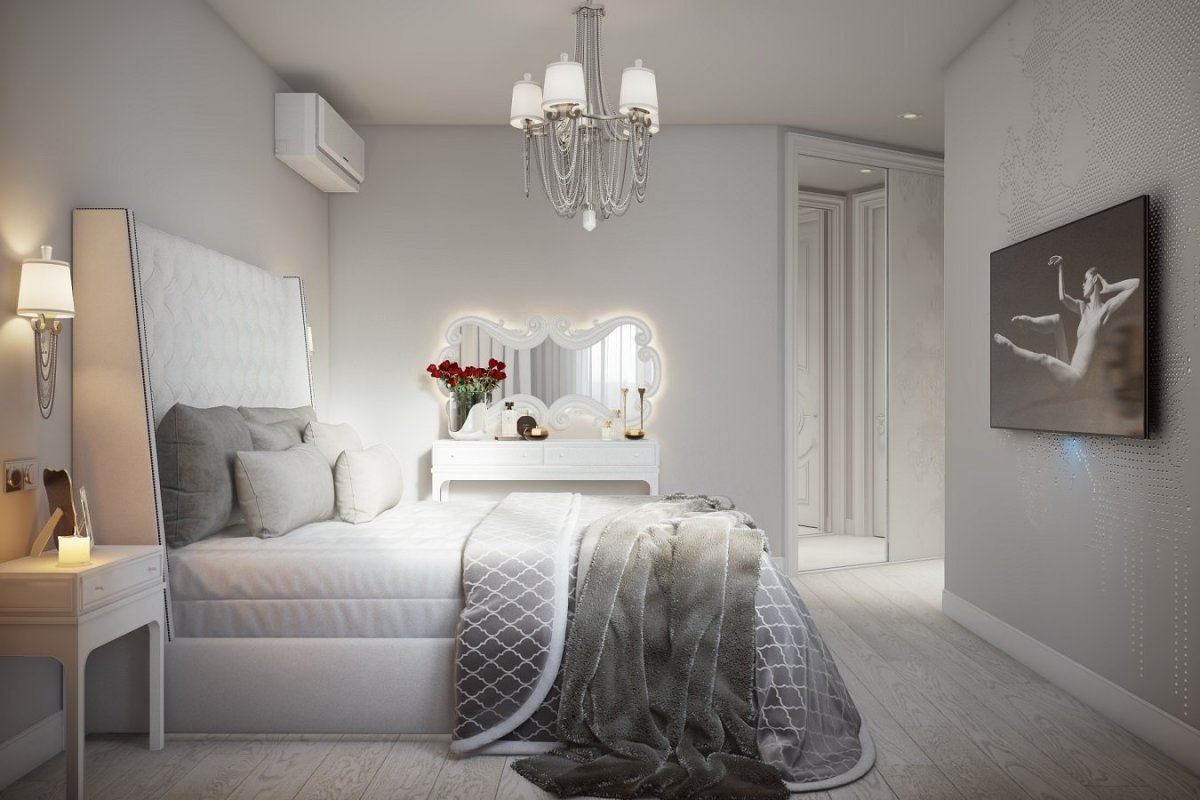 Интерьер гостиной с белыми и серебристыми обоями