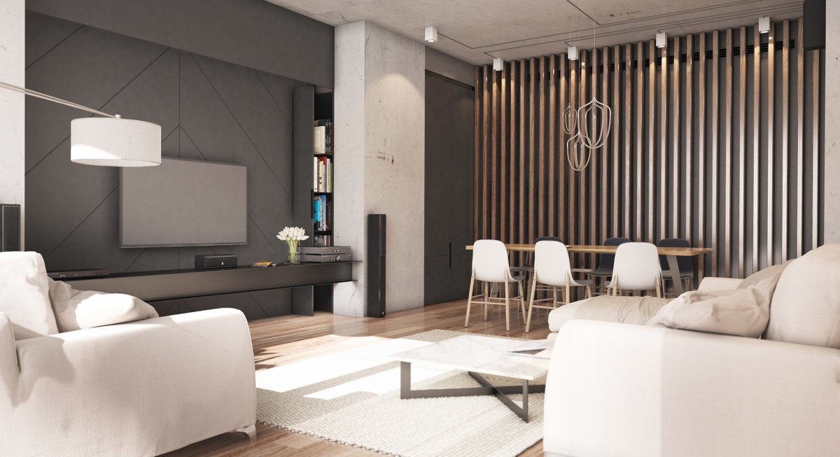 Серая гостиная с рейками