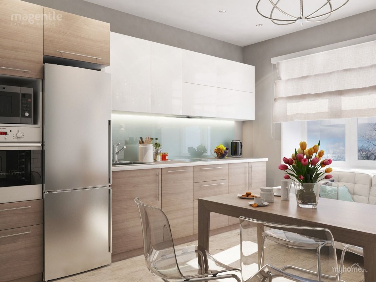 Белая кухня с серым холодильником