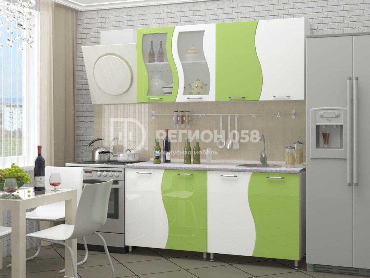 Кухня волна 2,0м (белый глянец теплый/бирюза металлик)