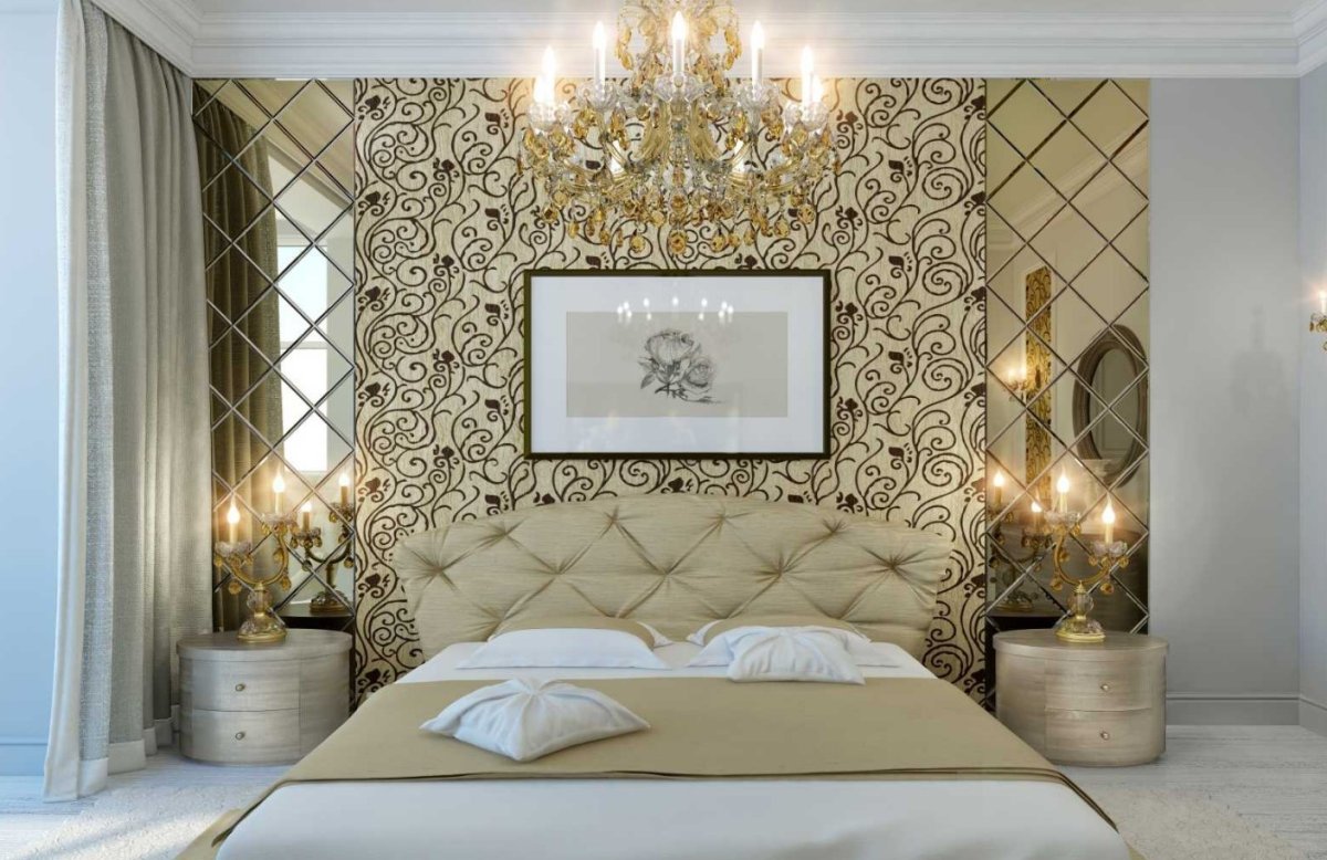 Зеркальная плитка в интерьере спальни
