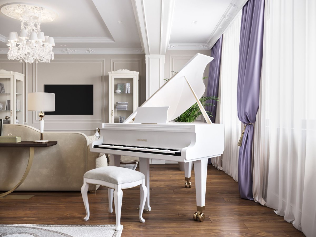 Светлое пианино в интерьере