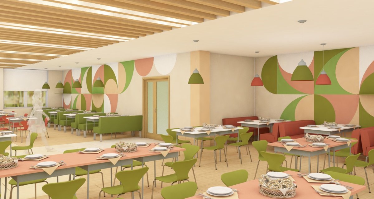 Интерьер обеденного зала школьной столовой