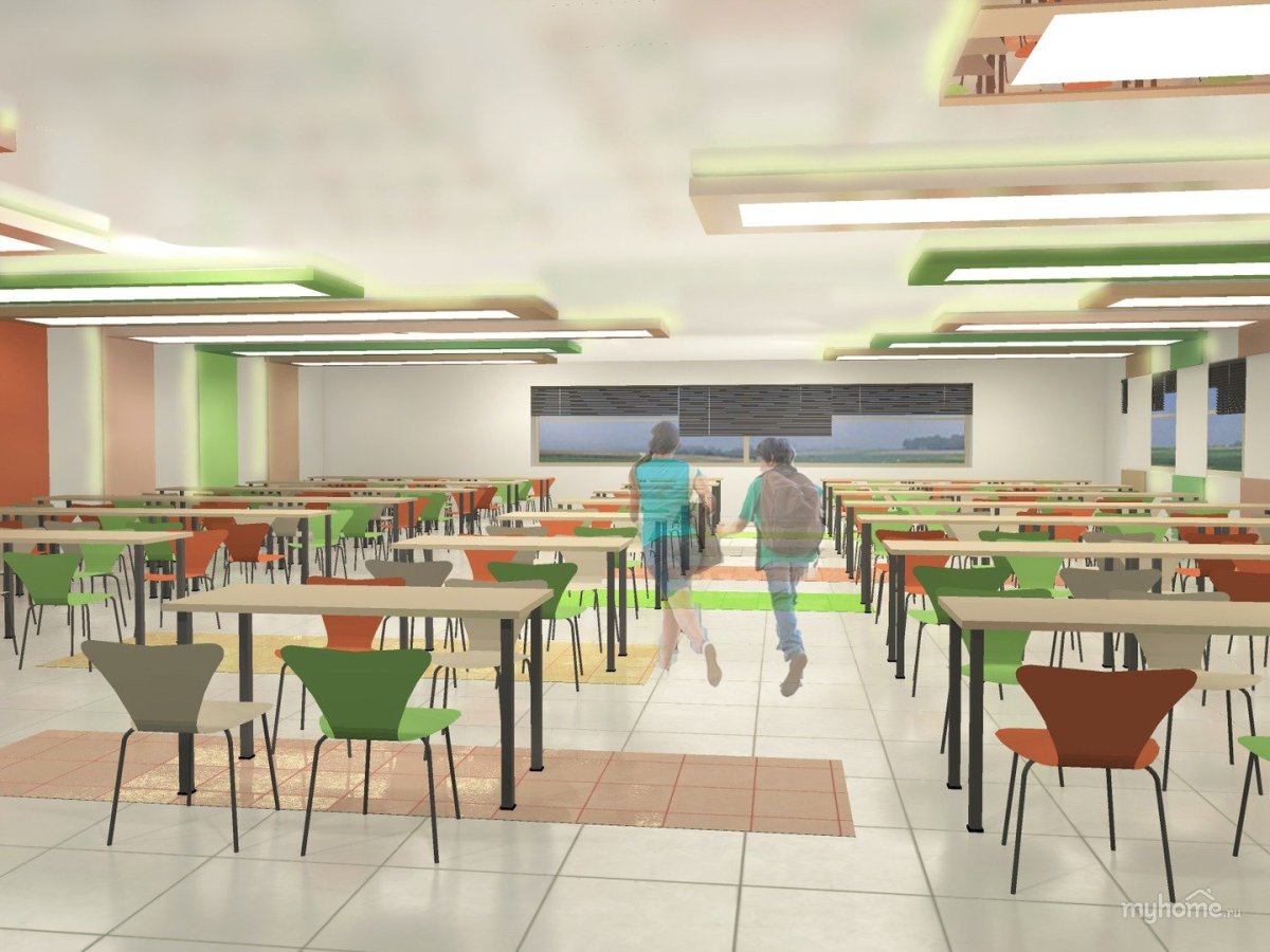 Желто-оранжевая столовая в школе