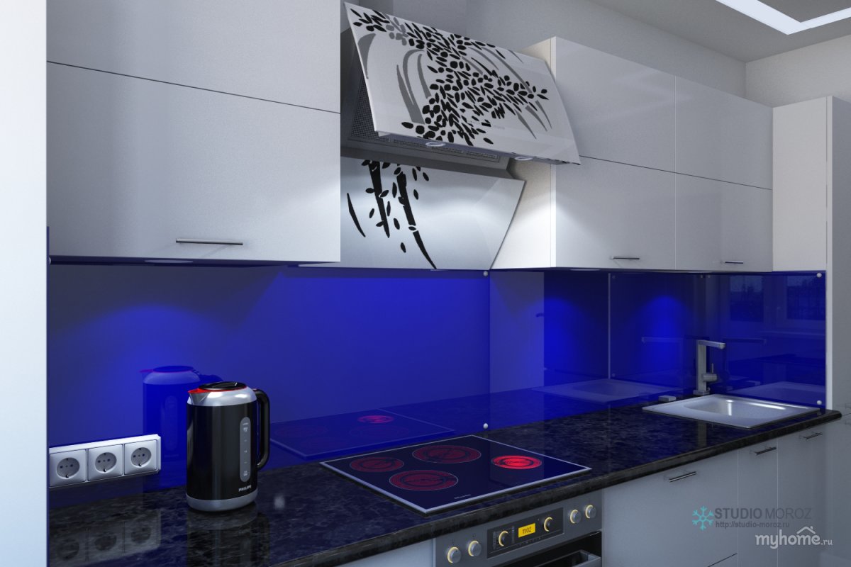 Фартук из стекла к синей кухне