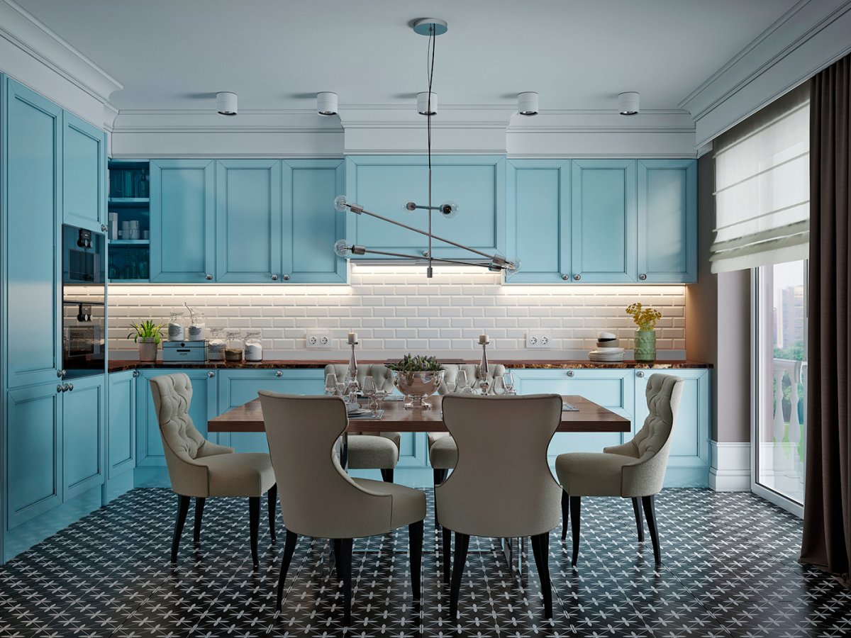 Кухня в стиле лофт цвет морской волны